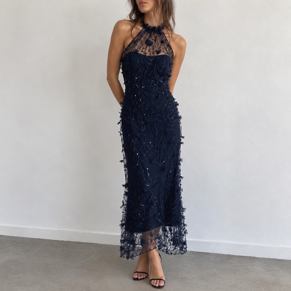 Dessy Collection Maya Navy 3D Floral Sequin Halter Dress Size 2 Fairycore